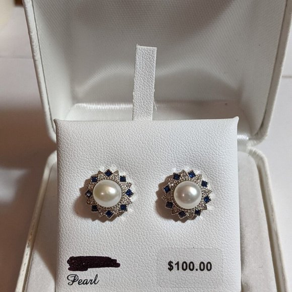 Sterling Silver FWC Pearl & Lab-Created Blue Spinel Flower Stud Earrings - $100 - Picture 1 of 5